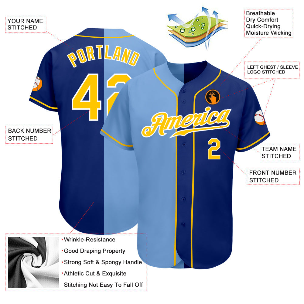Custom Royal Gold-Light Blue Authentic Split Fashion Baseball Jersey - Sky-Custom