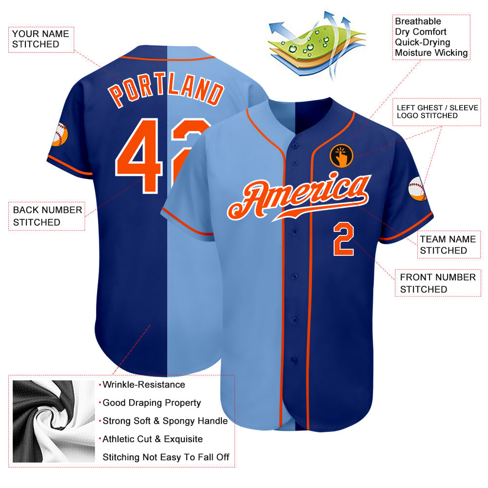 Custom Royal Orange-Light Blue Authentic Split Fashion Baseball Jersey - Sky-Custom