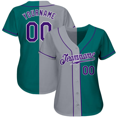 Custom Teal Purple-Gray Authentic Split Fashion Baseball Jersey - Sky-Custom