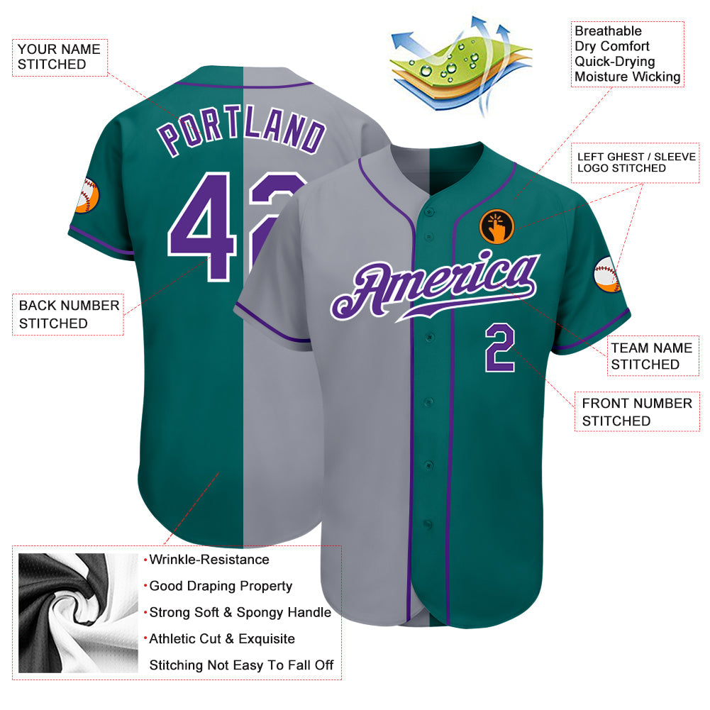 Custom Teal Purple-Gray Authentic Split Fashion Baseball Jersey - Sky-Custom