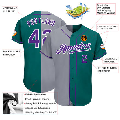 Custom Teal Purple-Gray Authentic Split Fashion Baseball Jersey - Sky-Custom