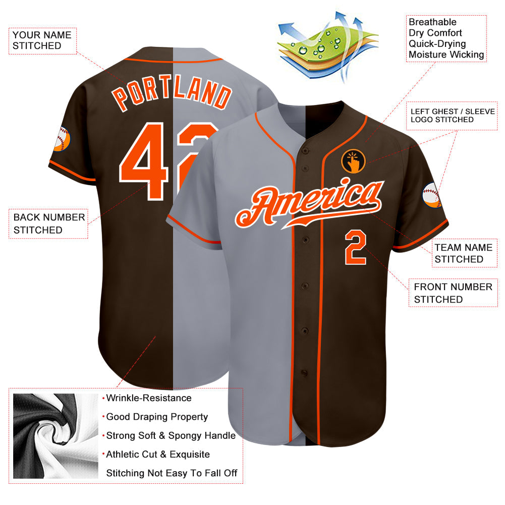 Custom Brown Orange-Gray Authentic Split Fashion Baseball Jersey - Sky-Custom