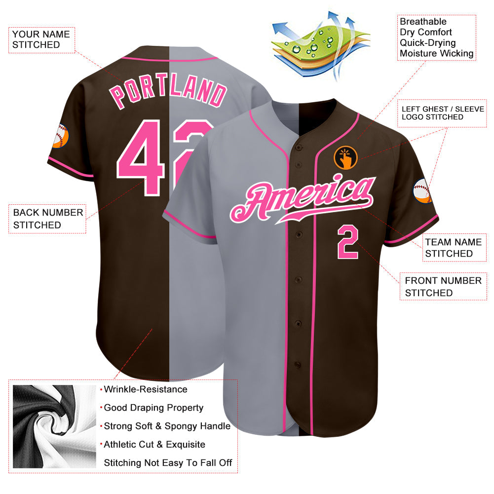 Custom Brown Pink-Gray Authentic Split Fashion Baseball Jersey - Sky-Custom