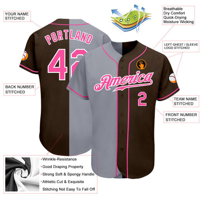 Custom Brown Pink-Gray Authentic Split Fashion Baseball Jersey - Sky-Custom