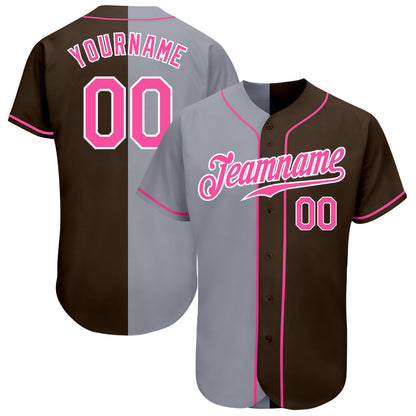 Custom Brown Pink-Gray Authentic Split Fashion Baseball Jersey - Sky-Custom