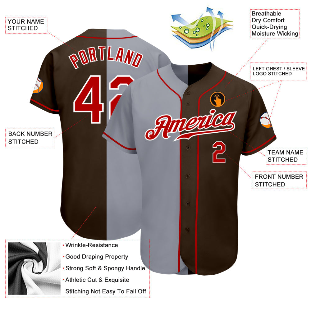 Custom Brown Red-Gray Authentic Split Fashion Baseball Jersey - Sky-Custom