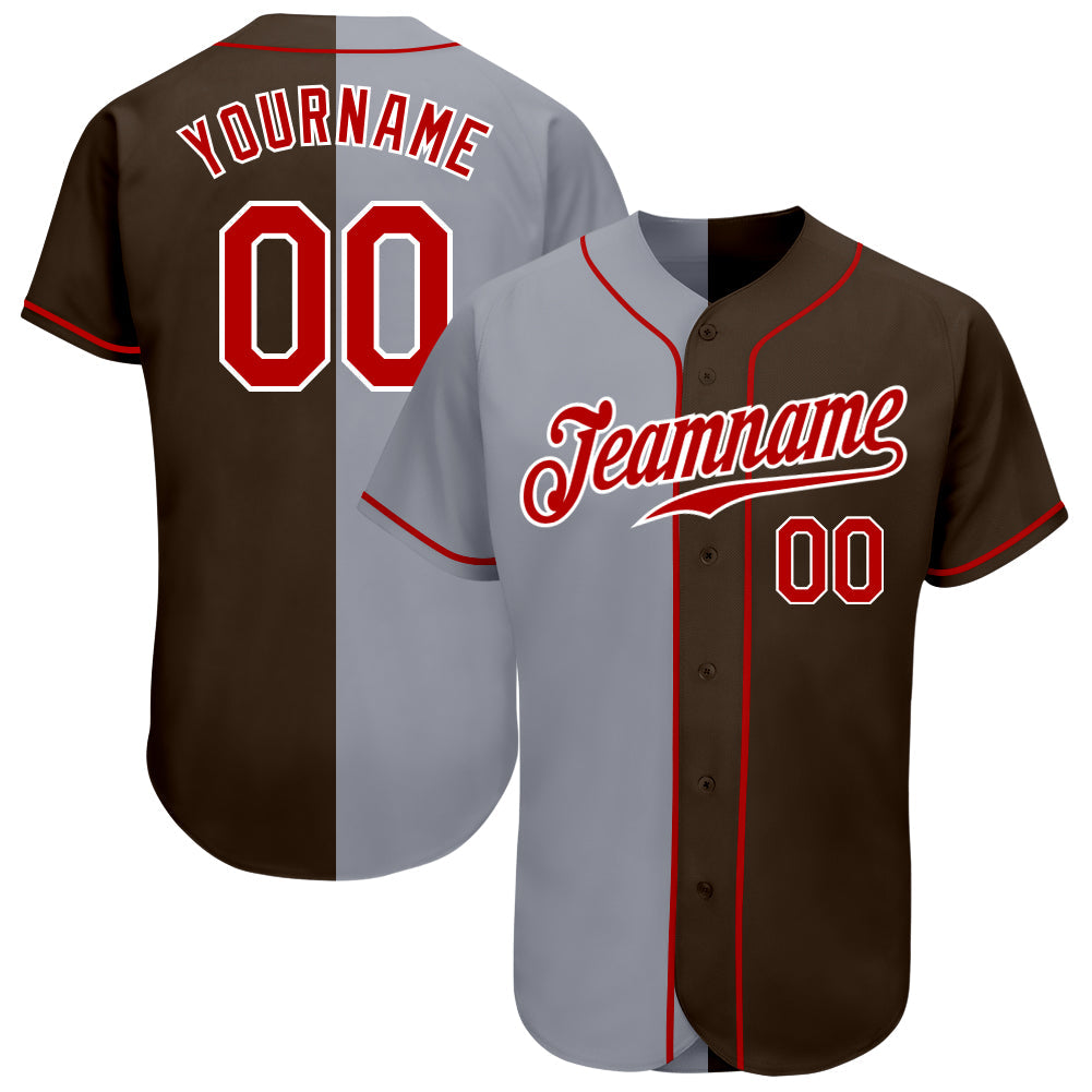 Custom Brown Red-Gray Authentic Split Fashion Baseball Jersey - Sky-Custom