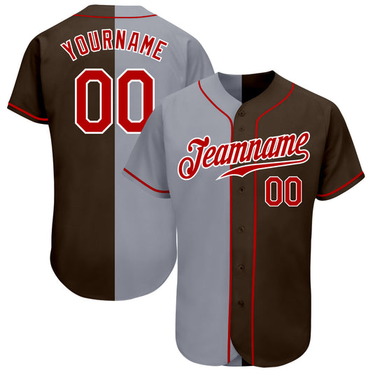 Custom Brown Red-Gray Authentic Split Fashion Baseball Jersey - Sky-Custom