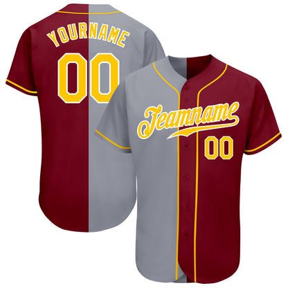 Custom Crimson Gold-Gray Authentic Split Fashion Baseball Jersey - Sky-Custom