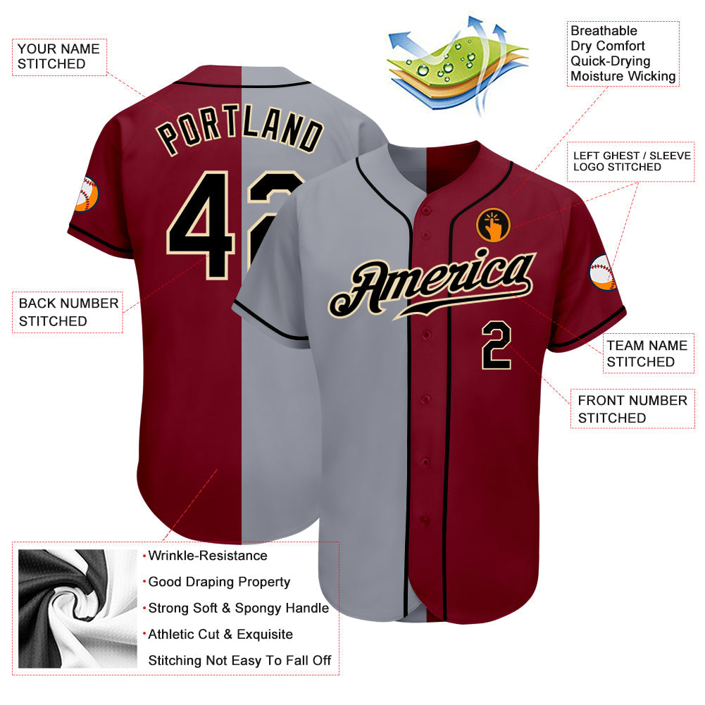Custom Crimson Black-Gray Authentic Split Fashion Baseball Jersey - Sky-Custom