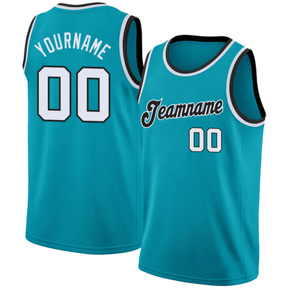 Custom Teal White-Black Round Neck Rib-Knit Basketball Jersey - Sky-Custom