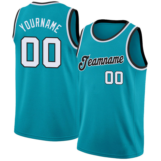 Custom Teal White-Black Round Neck Rib-Knit Basketball Jersey - Sky-Custom