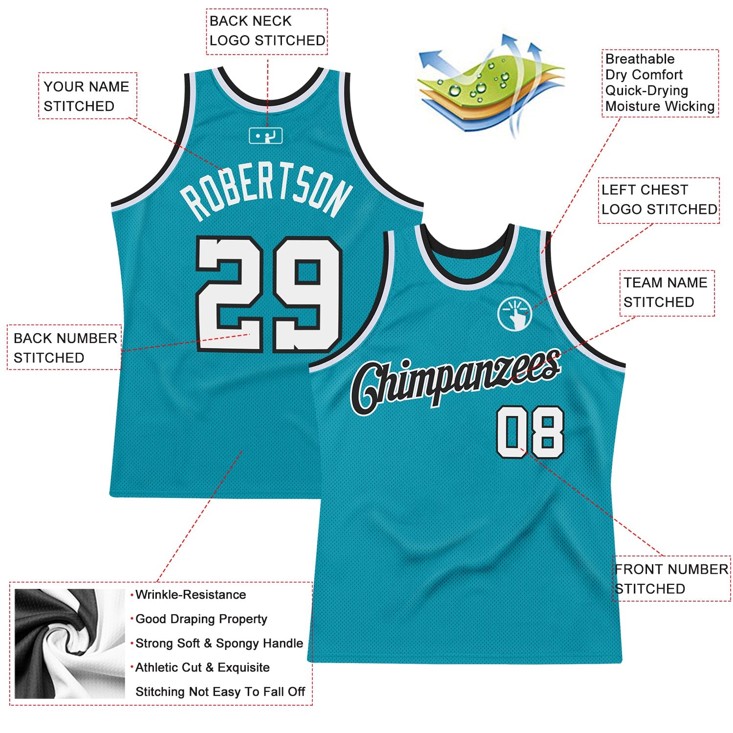 Custom Teal White-Black Authentic Throwback Basketball Jersey - Sky-Custom