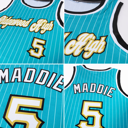 Custom Teal White Pinstripe White-Old Gold Authentic Basketball Jersey - Sky-Custom