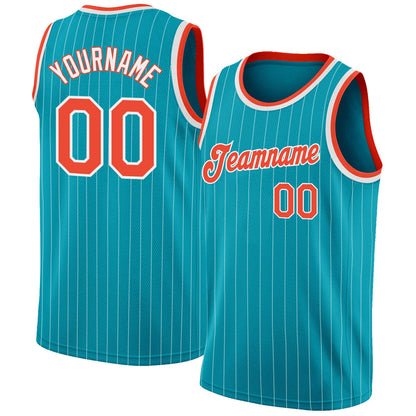 Custom Teal White Pinstripe Orange-White Authentic Basketball Jersey - Sky-Custom