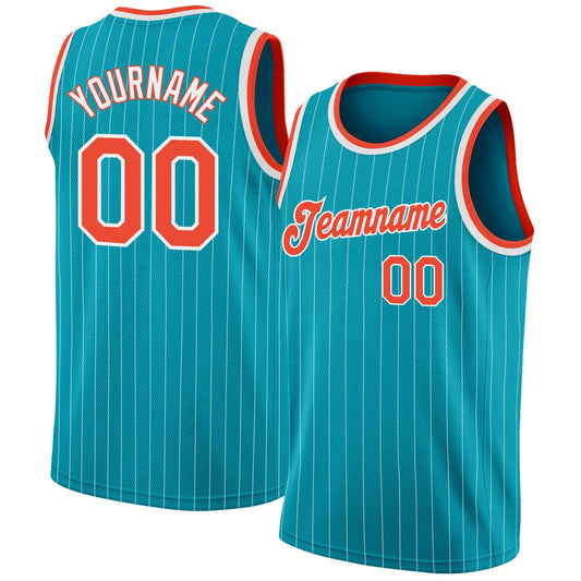 Custom Teal White Pinstripe Orange-White Authentic Basketball Jersey - Sky-Custom