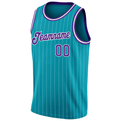 Custom Teal White Pinstripe Purple-White Authentic Basketball Jersey - Sky-Custom