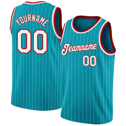 Custom Teal White Pinstripe White-Red Authentic Basketball Jersey - Sky-Custom