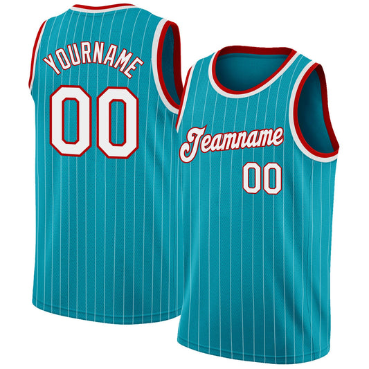 Custom Teal White Pinstripe White-Red Authentic Basketball Jersey - Sky-Custom