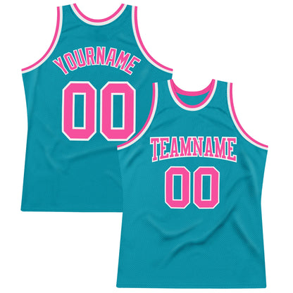 Custom Teal Pink-White Authentic Throwback Basketball Jersey - Sky-Custom