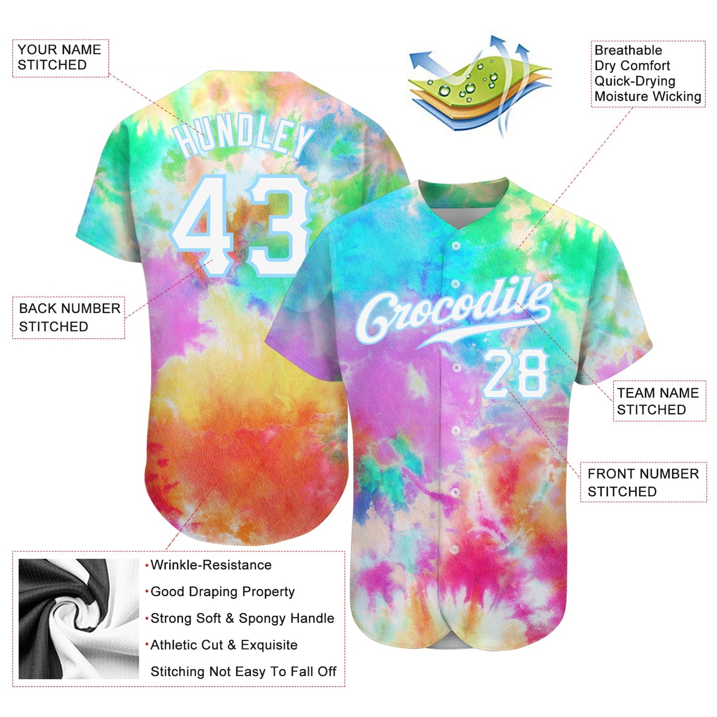 Custom Tie Dye White-Light Blue 3D Rainbow Authentic Baseball Jersey - Sky-Custom