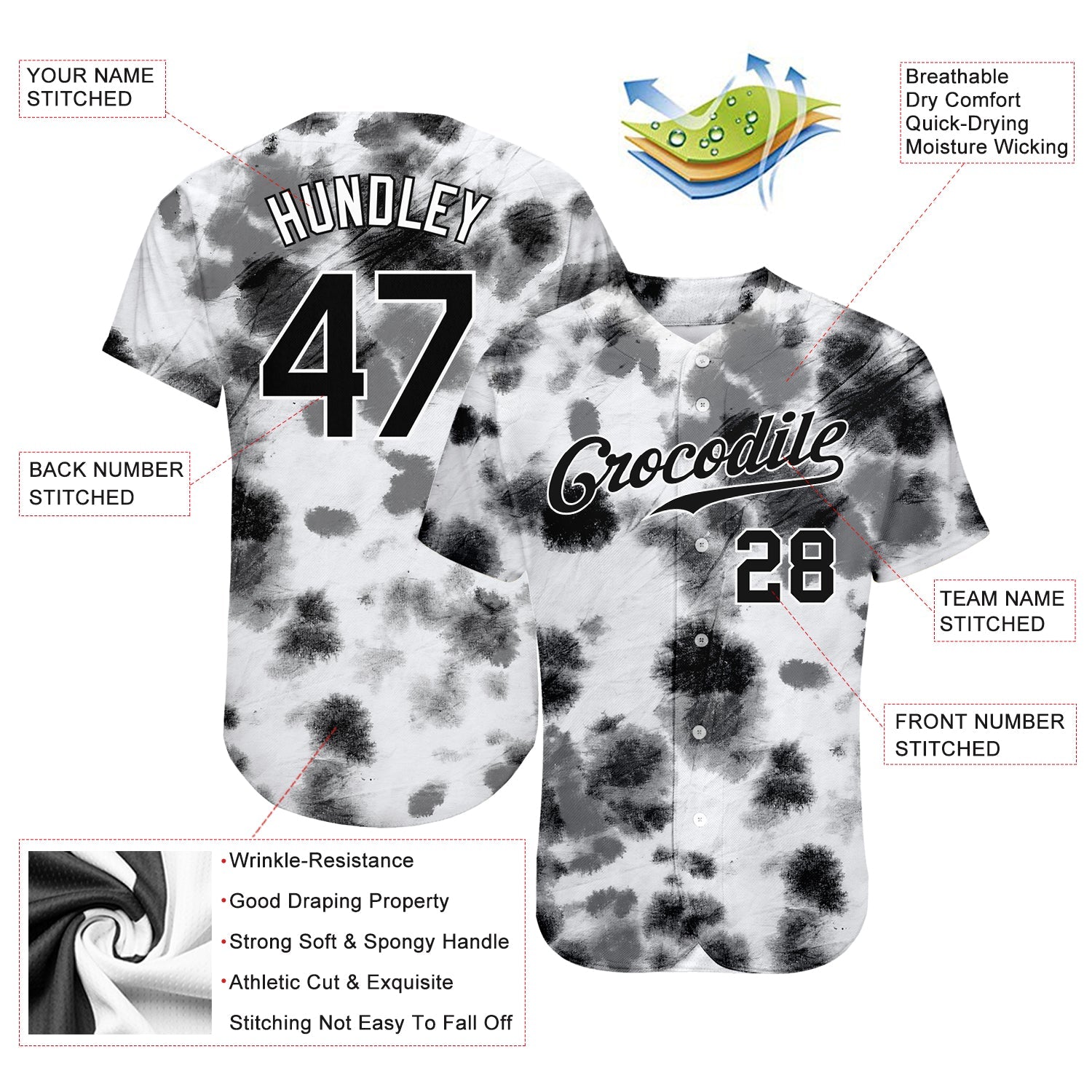 Custom Tie Dye Black-White 3D Steel Authentic Baseball Jersey - Sky-Custom