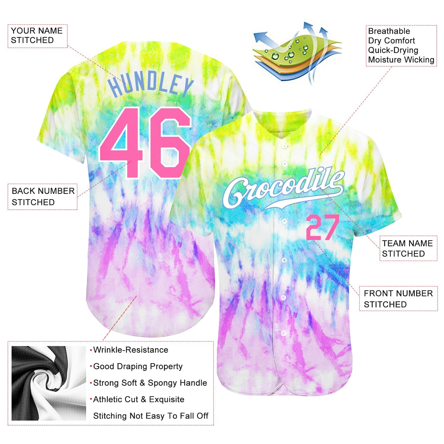 Custom Tie Dye Pink-Light Blue 3D Rainbow Authentic Baseball Jersey - Sky-Custom