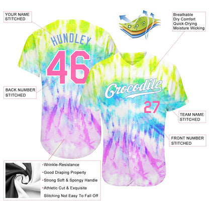 Custom Tie Dye Pink-Light Blue 3D Rainbow Authentic Baseball Jersey - Sky-Custom