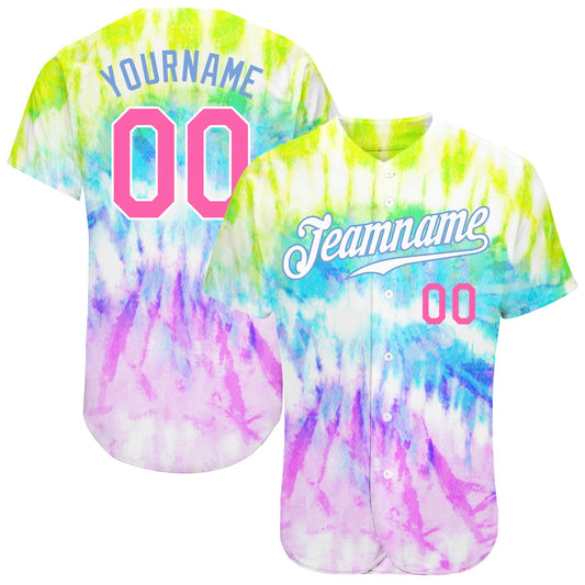 Custom Tie Dye Pink-Light Blue 3D Rainbow Authentic Baseball Jersey - Sky-Custom