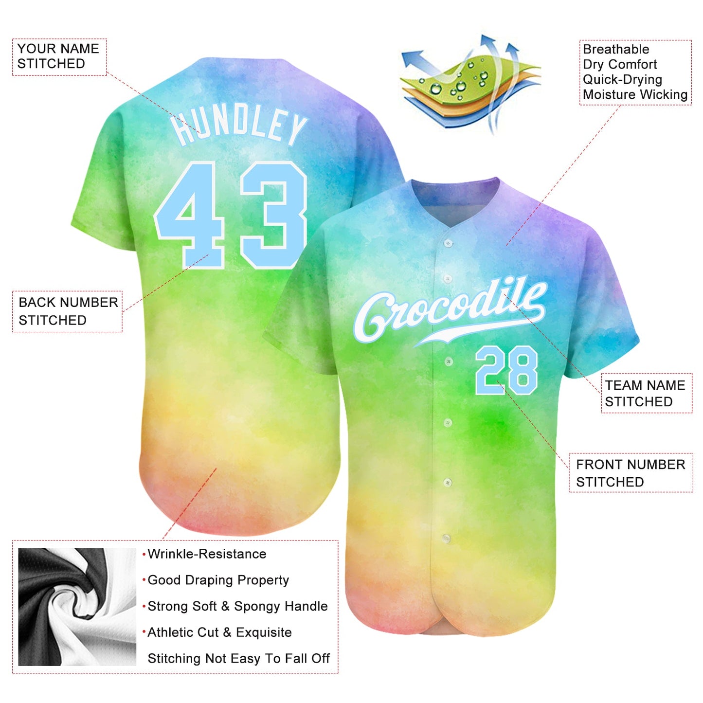 Custom Tie Dye Light Blue-White 3D Rainbow Authentic Baseball Jersey - Sky-Custom