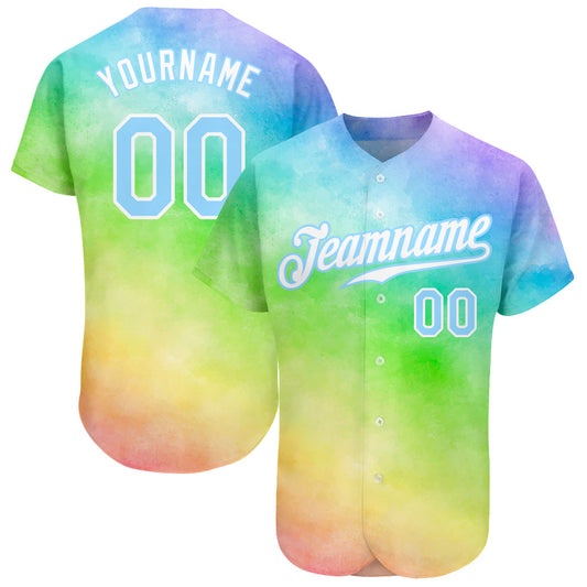 Custom Tie Dye Light Blue-White 3D Rainbow Authentic Baseball Jersey - Sky-Custom