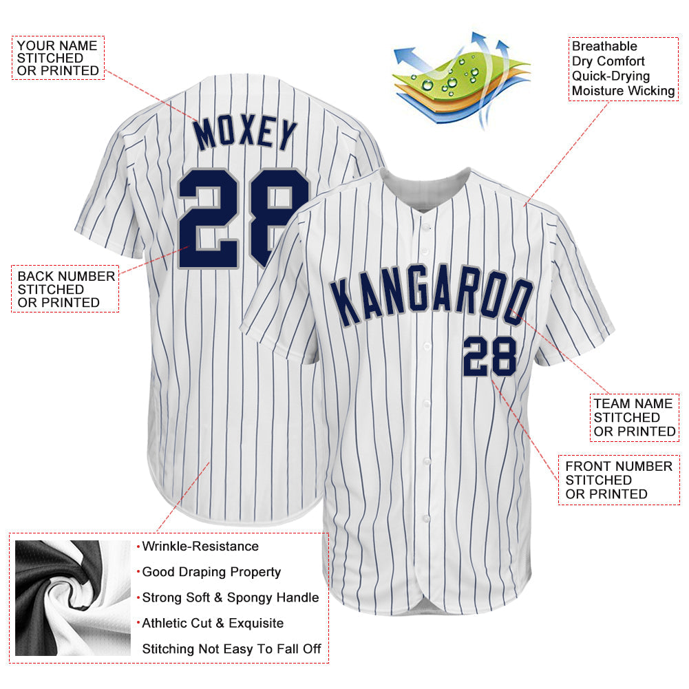 Custom White Navy Pinstripe Navy-Gray Authentic Baseball Jersey - Sky-Custom