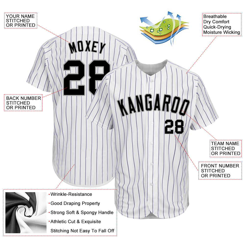 Custom White Purple Pinstripe Black-Gray Authentic Baseball Jersey - Sky-Custom