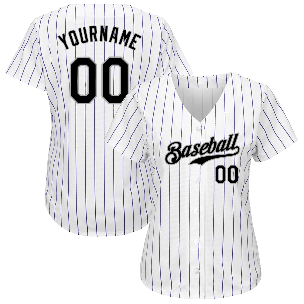 Custom White Purple Pinstripe Black-Gray Authentic Baseball Jersey - Sky-Custom