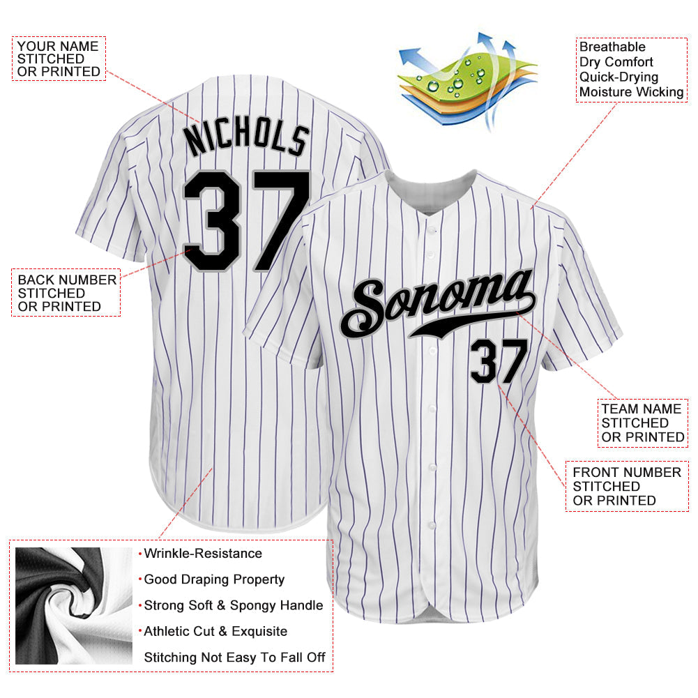 Custom White Purple Pinstripe Black-Gray Authentic Baseball Jersey - Sky-Custom