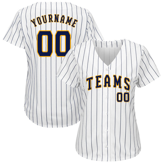 Custom White Navy Pinstripe Navy-Gold Authentic Baseball Jersey - Sky-Custom