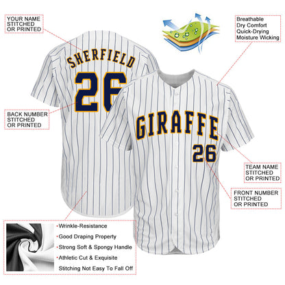 Custom White Navy Pinstripe Navy-Gold Authentic Baseball Jersey - Sky-Custom