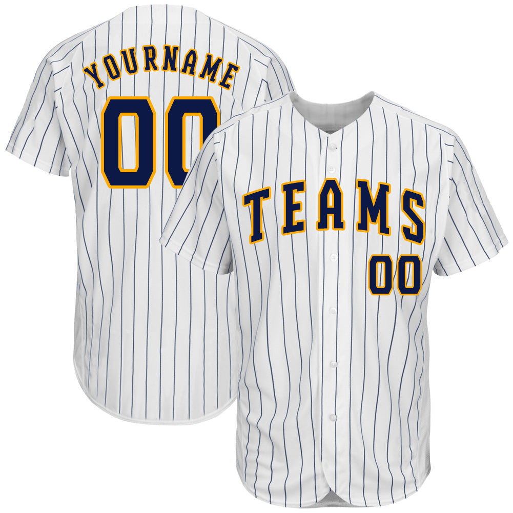 Custom White Navy Pinstripe Navy-Gold Authentic Baseball Jersey - Sky-Custom