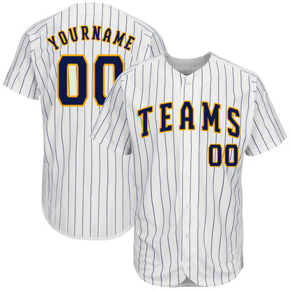 Custom White Navy Pinstripe Navy-Gold Authentic Baseball Jersey - Sky-Custom