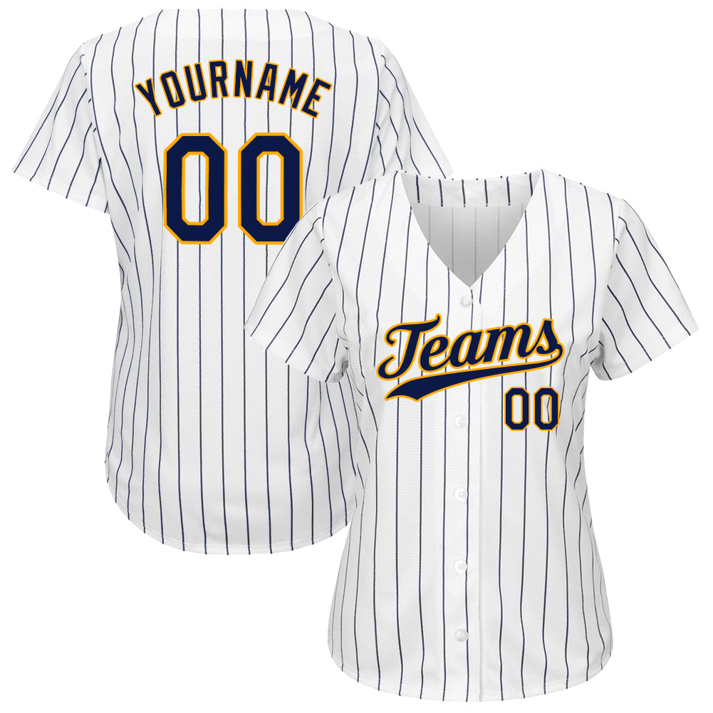 Custom White Navy Pinstripe Navy-Gold Authentic Baseball Jersey - Sky-Custom