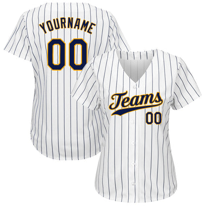 Custom White Navy Pinstripe Navy-Gold Authentic Baseball Jersey - Sky-Custom