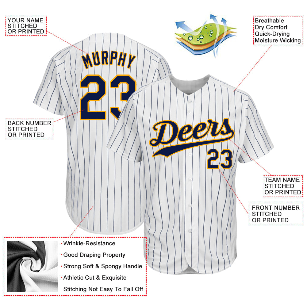Custom White Navy Pinstripe Navy-Gold Authentic Baseball Jersey - Sky-Custom