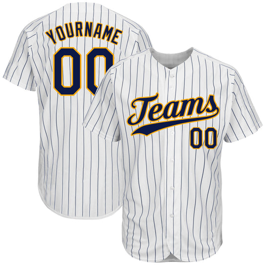 Custom White Navy Pinstripe Navy-Gold Authentic Baseball Jersey - Sky-Custom