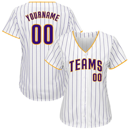 Custom White Purple Pinstripe Purple-Gold Authentic Baseball Jersey - Sky-Custom