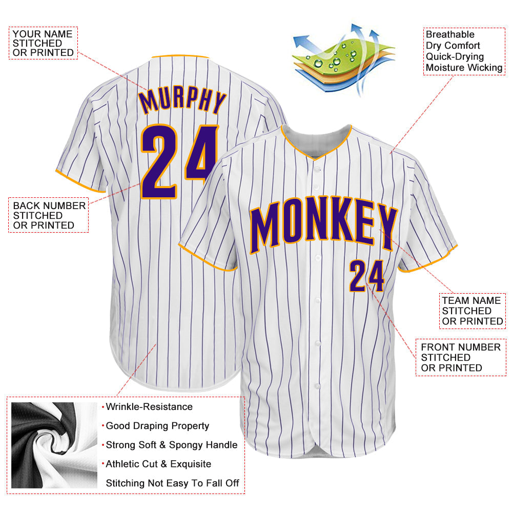 Custom White Purple Pinstripe Purple-Gold Authentic Baseball Jersey - Sky-Custom