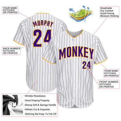 Custom White Purple Pinstripe Purple-Gold Authentic Baseball Jersey - Sky-Custom