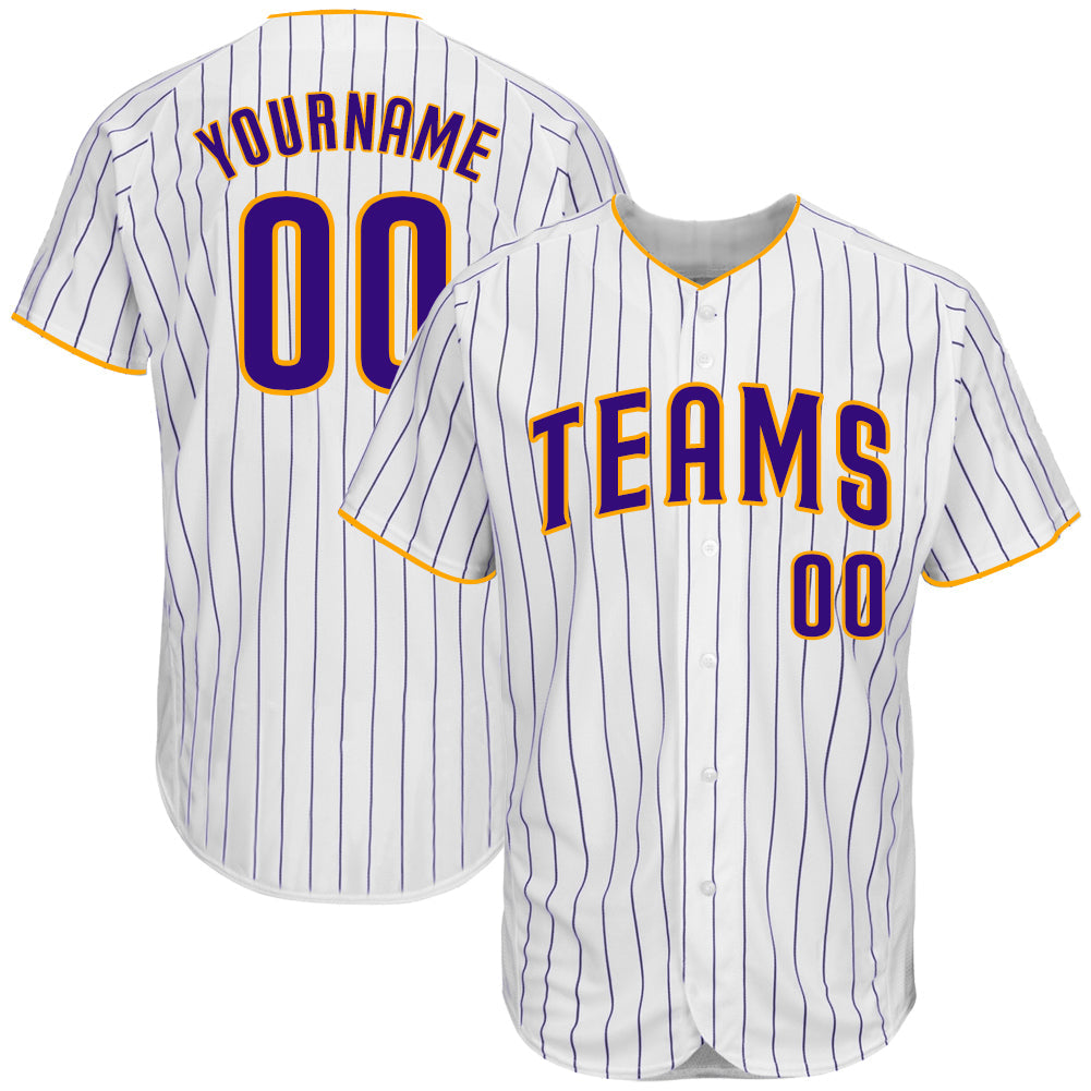 Custom White Purple Pinstripe Purple-Gold Authentic Baseball Jersey - Sky-Custom