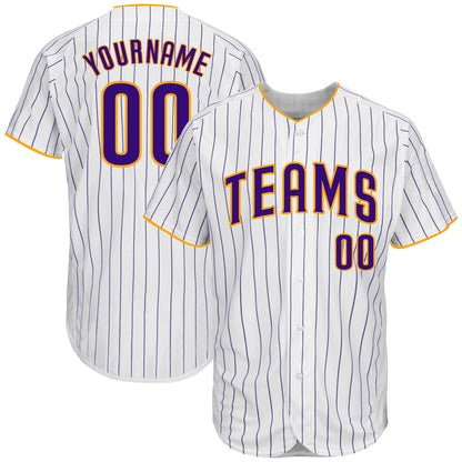 Custom White Purple Pinstripe Purple-Gold Authentic Baseball Jersey - Sky-Custom