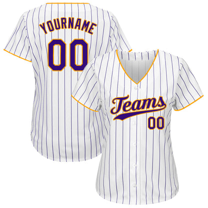 Custom White Purple Pinstripe Purple-Gold Authentic Baseball Jersey - Sky-Custom