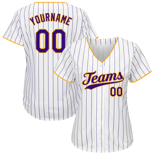 Custom White Purple Pinstripe Purple-Gold Authentic Baseball Jersey - Sky-Custom
